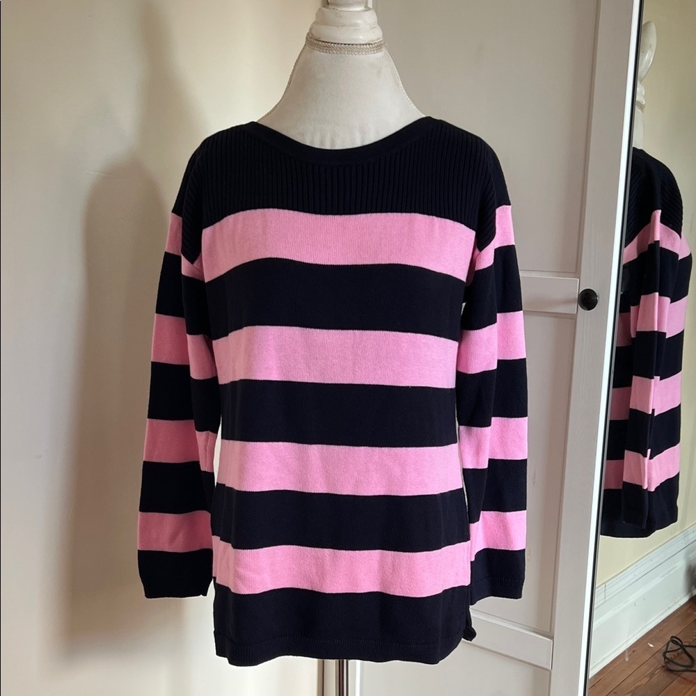 NWT Preppy TALBOTS Petite Striped Crewneck Pullover Sweater - Navy & Pink - LP